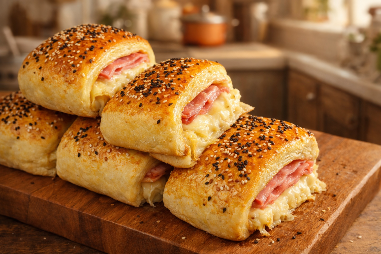 A plate of golden, homemade Brazilian school snacks stuffed with ham and cheese.