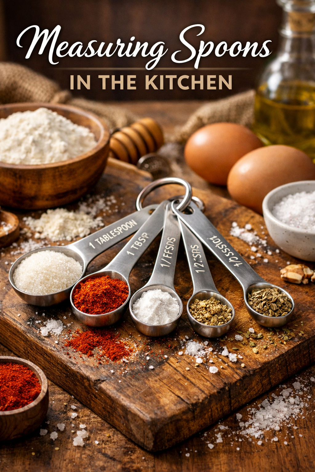 Set of stainless steel measuring spoons arranged in order of size: tablespoon, teaspoon, coffee spoon, and dessert spoon, with labels showing milliliter equivalents.