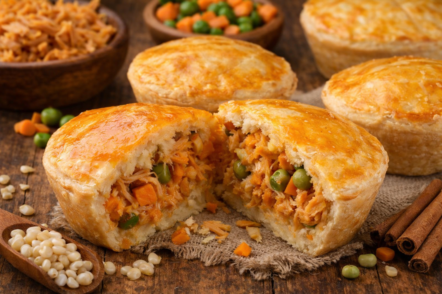 The golden and crispy texture of the dough, combined with the succulent filling of shredded chicken and vegetables, conveys that irresistible homemade touch.