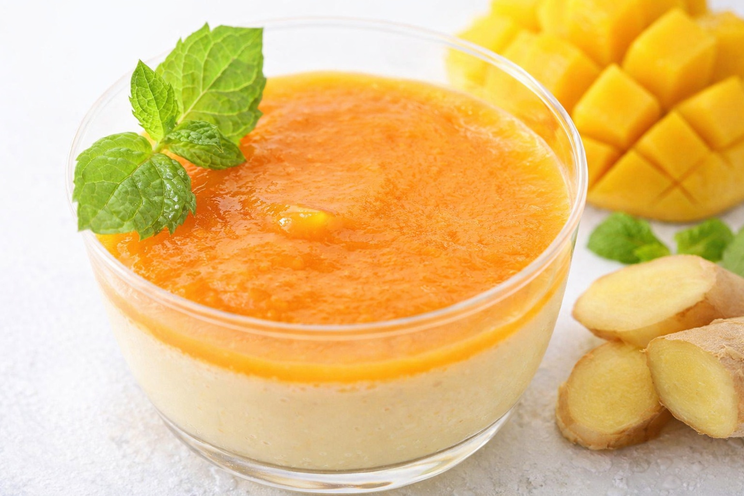 Creamy flan with a glossy mango and ginger topping, decorated with mint leaves and accompanied by mango chunks and slices of fresh ginger.