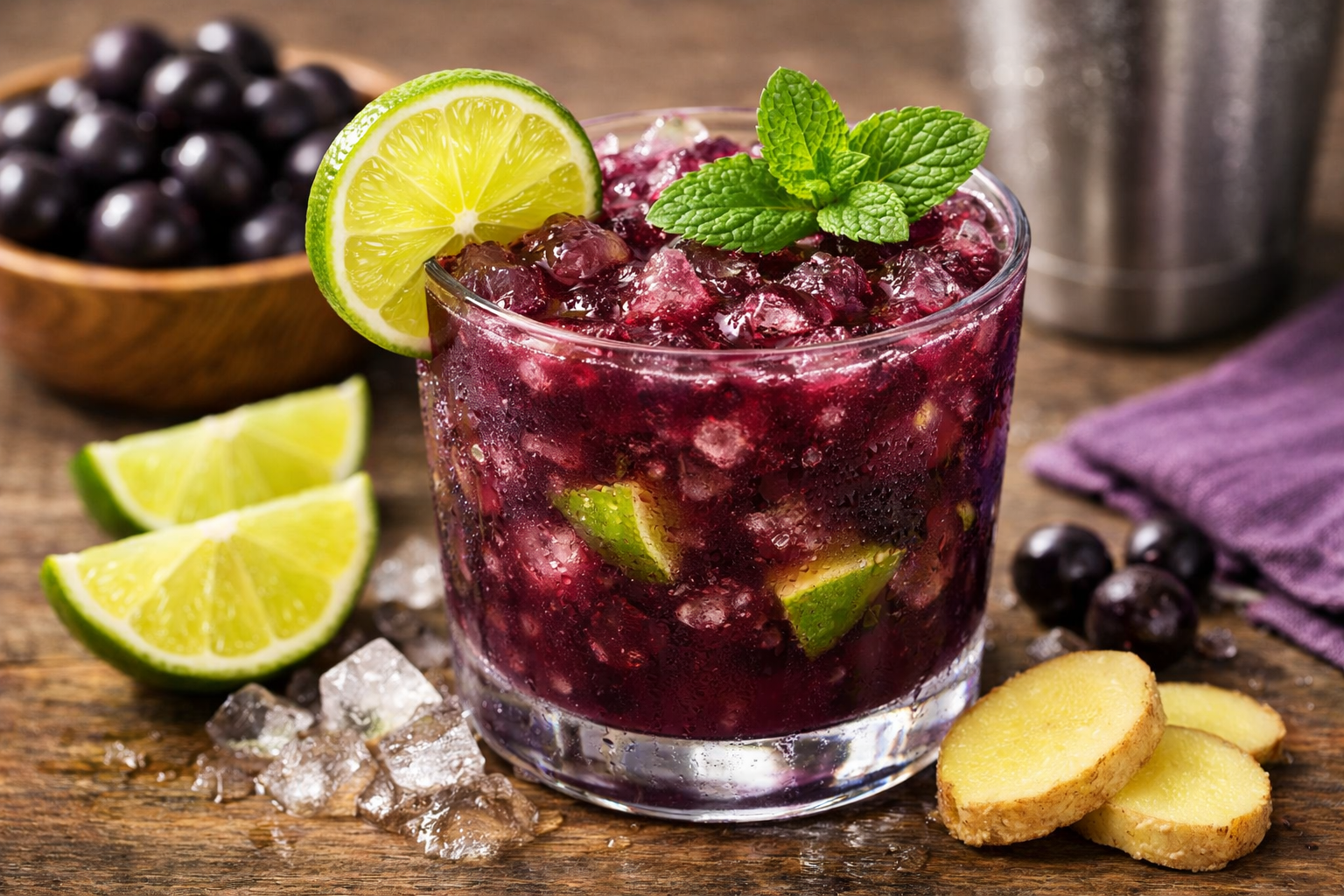 A clear glass filled with crushed ice, lime wedges, and the vibrant açaí blend, with a creamy texture and intense purple color. The garnish includes a lime wedge on the rim and fresh mint leaves, conveying the drink's freshness and tropical touch.