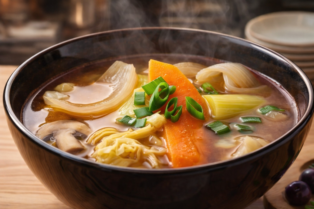 A steaming bowl of Japanese soup with golden broth and fresh ingredients like mushrooms, carrots, cabbage, and scallions, all naturally and invitingly lit. The gentle steam and the broth's shimmer enhance the comforting and handcrafted aspect of the dish.